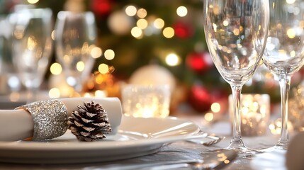 Poster - Elegant Christmas Table Setup with Holly and Sparkling Glassware in Warm Light : Generative AI
