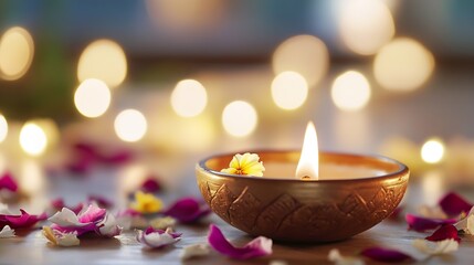 Poster - Beautiful Candle Surrounded by Colorful Petals and Soft Glowing Lights in an Ambient Setting : Generative AI