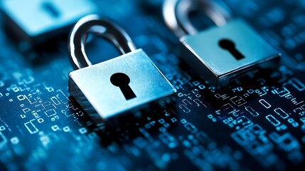 Fototapete - Close up of modern padlocks with binary code in the background representing digital security : Generative AI