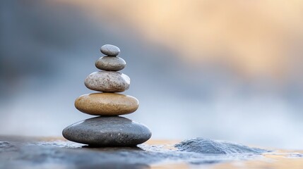Fototapete - A tranquil stacked arrangement of smooth stones by the water creating a balanced zen aesthetic and calmness : Generative AI