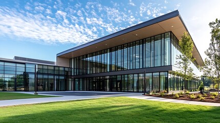 Aufkleber - Modern architectural design of a glass building surrounded by lush greenery and a clear blue sky : Generative AI