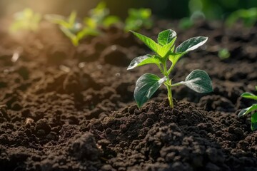 Fresh small tree growing in soil with sunshine background. Perfect concept for environmental protection, Tree Planting Day, personal growth, argricultural production, ecology balance. With copy space.