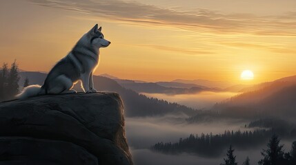Naklejka na meble A Siberian Husky sitting atop a boulder, watching the sunrise over a vast, fog-covered valley.