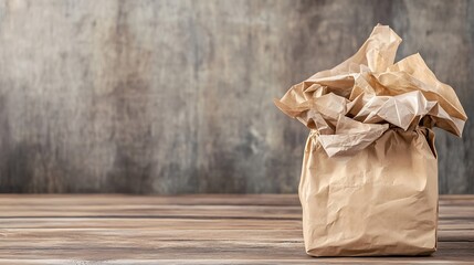 Poster - Crumbled brown paper bag on rustic wooden surface creating an artistic still life : Generative AI