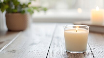 Fototapete - Serene Candle Lit in Glass Holder with Warm Light and Cozy Ambiance on Wooden Table : Generative AI