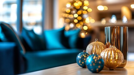 Wall Mural - Modern Living Room with Shiny Decorations and Blurred Christmas Tree in Background : Generative AI