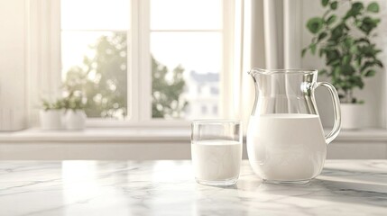 Wall Mural - A transparent milk jug and glass sitting on a marble countertop with a window in the background.