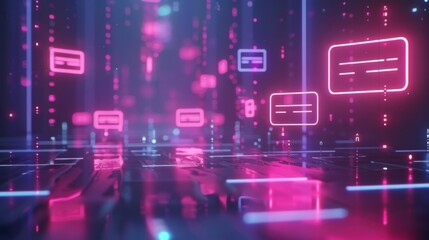 Leinwandbilder - A mesmerizing depiction of a digital realm filled with glowing neon rectangles, shimmering reflections on a sleek surface, and vibrant light patterns illuminating the atmosphere.