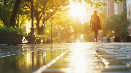 Canvas Print - Golden sunshine filtering through trees in a city park with a lone figure walking on a rainy day : Generative AI