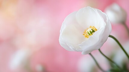 Poster - Delicate white flower blooming beautifully against a pastel pink background creating a serene atmosphere : Generative AI