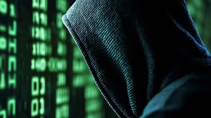 Aufkleber - Mysterious figure in a hoodie against a backdrop of glowing binary code representing hacking and cybersecurity : Generative AI