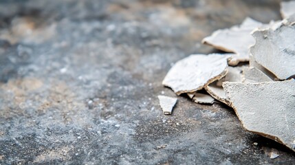 Poster - Closeup of cracked and peeling paint flakes on rough gray concrete surface displaying texture and decay : Generative AI