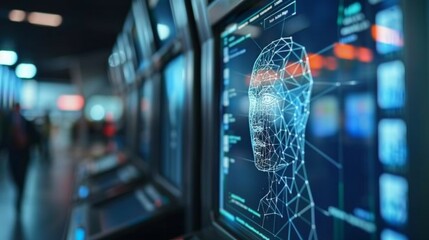Leinwandbilder - Displays with digital human faces showcase AI technology, attracting attention with their detailed graphics and modern design.