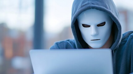 Poster - Anonymous hacker wearing a mask sitting with a laptop in an urban setting focused on cyber security activity : Generative AI