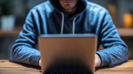 Poster - Focused young man in hoodie typing on a laptop sitting at a wooden table in a cozy and intimate setting : Generative AI