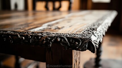 Wall Mural - Beautifully carved wooden table with intricate designs highlighting craftsmanship and artistic details : Generative AI