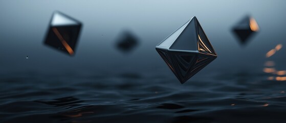 Wall Mural - Group of three triangular-shaped objects floating in the water. the objects appear to be made of metal and have a shiny, metallic finish.