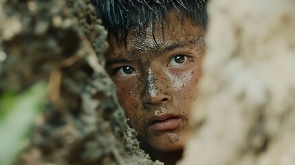Poster - A young boy peers through branches covered in dirt and debris embodying the resilience of childhood : Generative AI