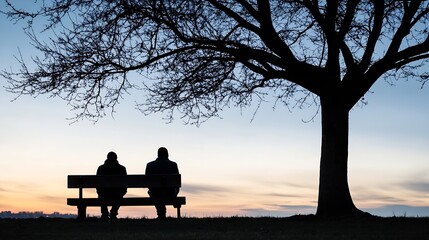 Wall Mural - Silhouetted figures sitting on a bench under a sprawling tree at sunset showcasing serene companionship : Generative AI