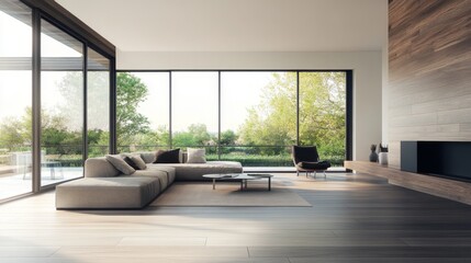 Wall Mural - Modern Living Room with Garden View. Interior Design. Potential Stock Photo