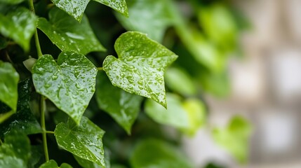 Poster - Close Up of Fresh Green Ivy Leaves Covered with Rain Droplets Showing Nature's Beauty : Generative AI