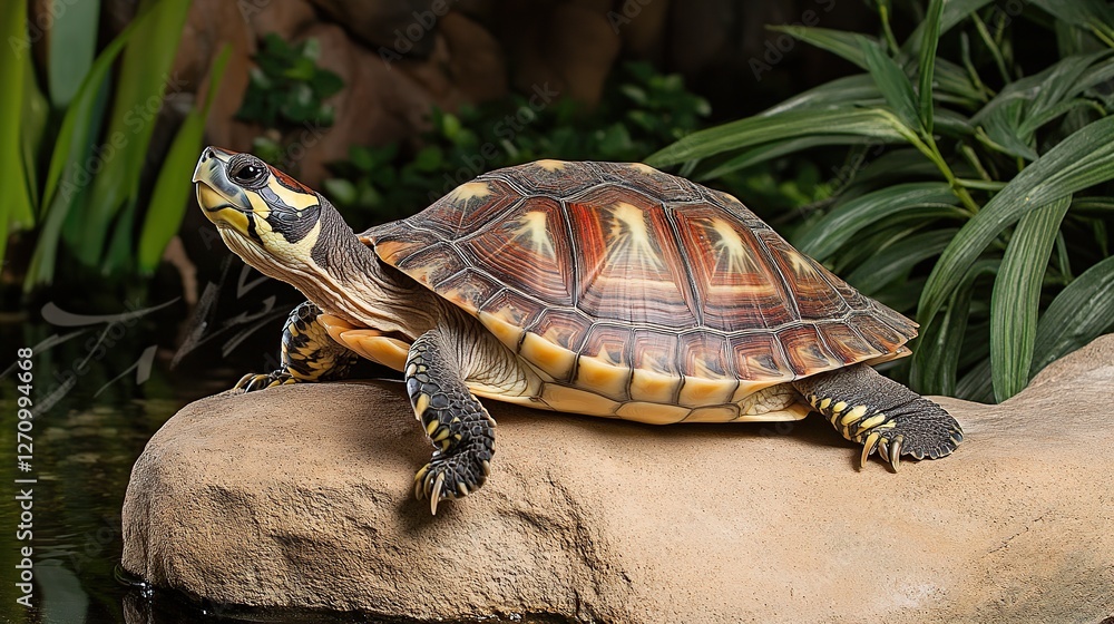Tropical turtle basking on rock, lush foliage background, reptile pet