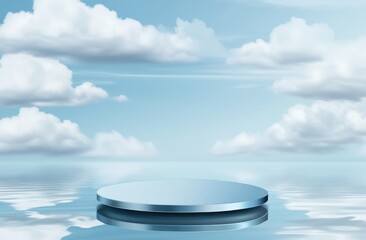 Wall Mural - calm blue round platform floating on serene water reflecting sky with clouds.