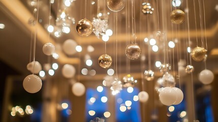 Aufkleber - Glistening Christmas ornaments hanging from threads creating a magical holiday ambiance : Generative AI