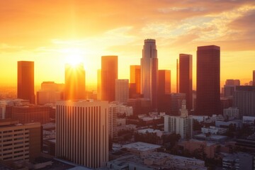 Wall Mural - Golden sunset over a cityscape, skyscrapers bathed in warm light.