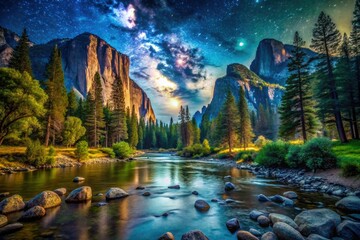 Wall Mural - Dark Yosemite: a breathtaking panorama of towering granite, whispering river, and starlit forest.