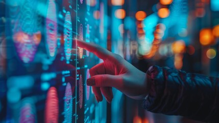 Leinwandbilder - A person interacts with a glowing digital display in an urban environment, showcasing colorful visuals and advanced technology against a backdrop of ambient city lights at night.