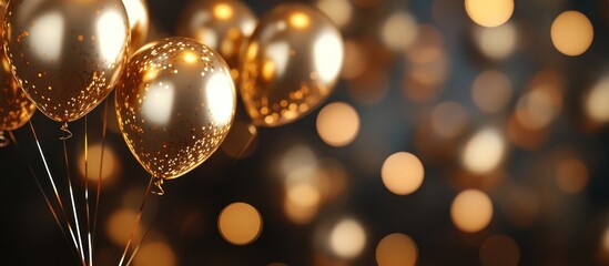 Wall Mural - Gold glitter balloons against a bokeh background.