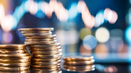 Poster - Closeup of stacked gold coins reflecting financial growth and investment opportunities with bokeh effect : Generative AI