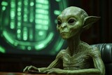 Green extraterrestrial being seated at a table with futuristic background lighting during a strategic meeting