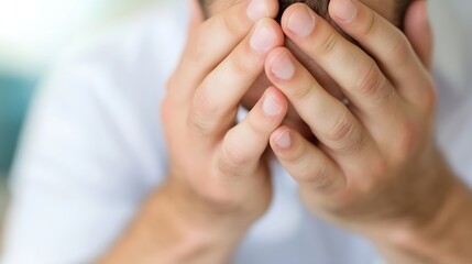 Aufkleber - Closeup of an adult man hiding his face in his hands expressing feelings of stress and triumph in a private moment : Generative AI