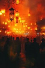 Wall Mural - Silhouetted figures walking through a hazy, lantern-lit street at night.