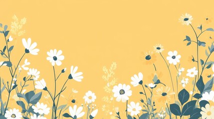 Colorful floral pattern, white daisies on yellow, sunny day, nature design