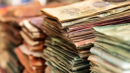 Poster - Close up view of a large stack of assorted banknotes in various denominations and currencies : Generative AI