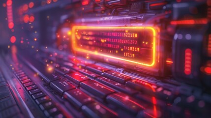 Fototapete - A workstation illuminated by vibrant colored lights displays intricate circuitry and glowing elements, highlighting the complexity of technology during evening hours.