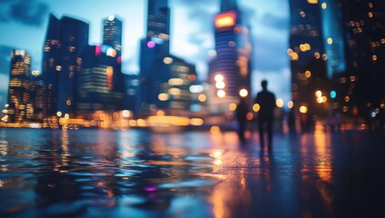 Wall Mural - Blurred city lights reflecting on wet ground at night, people walking in foreground.