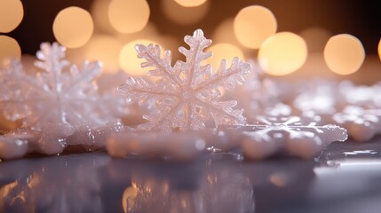 Wall Mural - Close-up of white snowflake ornaments on reflective surface with blurred warm lights in background.