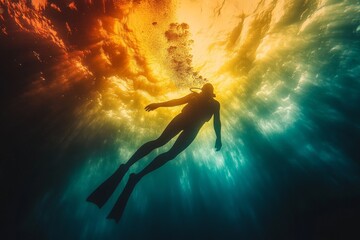 Sticker - Underwater diving at sunset, exploring the vibrant ocean depths in serene silence