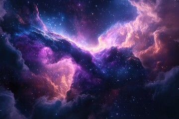 Wall Mural - Vibrant nebula in deep space with swirling clouds of gas and dust, stars scattered throughout.