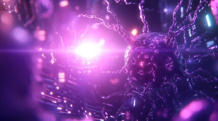 Wall Mural - glowing purple neuron cell with bright light.