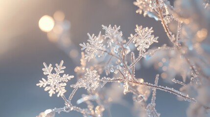 Wall Mural - close-up of frost-covered branches with intricate ice crystals glistening in soft sunlight.