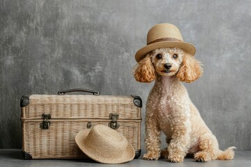 Wall Mural - Adorable toy poodle dog wearing a hat sits next to a vintage suitcase.