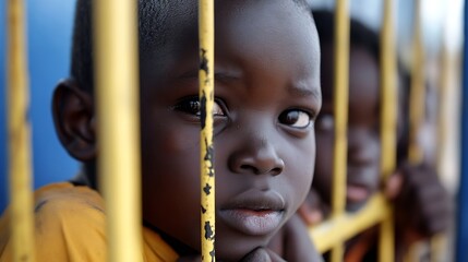 Aufkleber - Emotional Portrait of a Young Boy Peering Through Bars with a Thoughtful Gaze : Generative AI