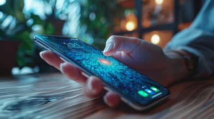 Leinwandbilder - A user interacts with a smartphone displaying a vivid design while seated at a wooden table. The environment features plants and warm lighting, creating a relaxed atmosphere.