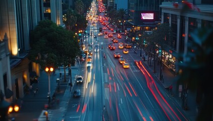 Wall Mural - Elevated view of city street at night with heavy traffic, light trails, and buildings.