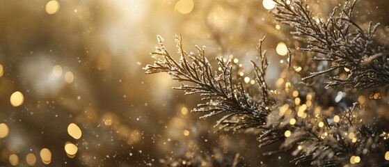Wall Mural - frosty winter branch with bokeh lights.